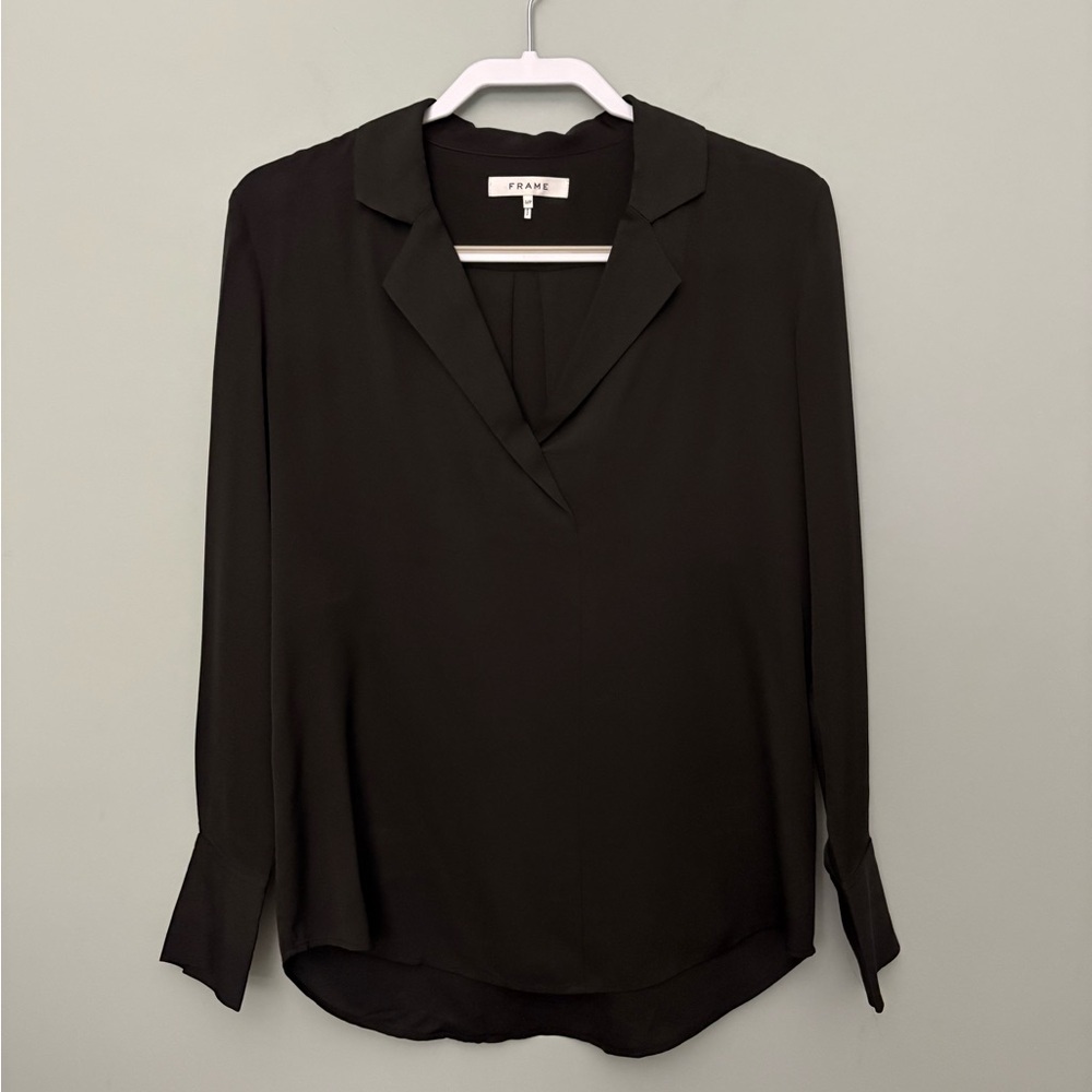 FRAME Black Silk Blouse Collared V Neck Popover Top Long Sleeve Small - Picture 2 of 11